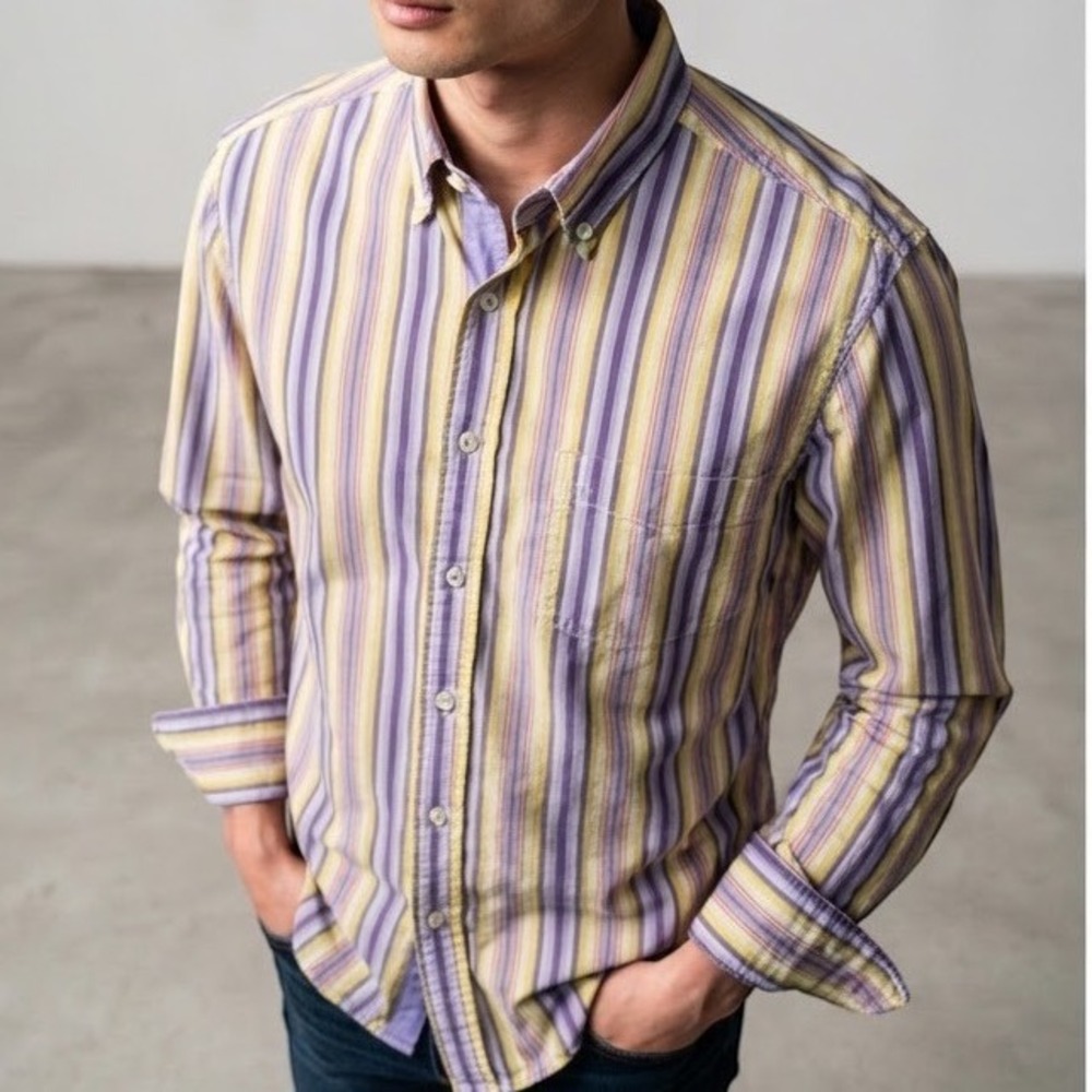 Tommy Hilfiger Button Down Shirt Mens M Purple Yellow Striped 80s 2-Ply Cotton